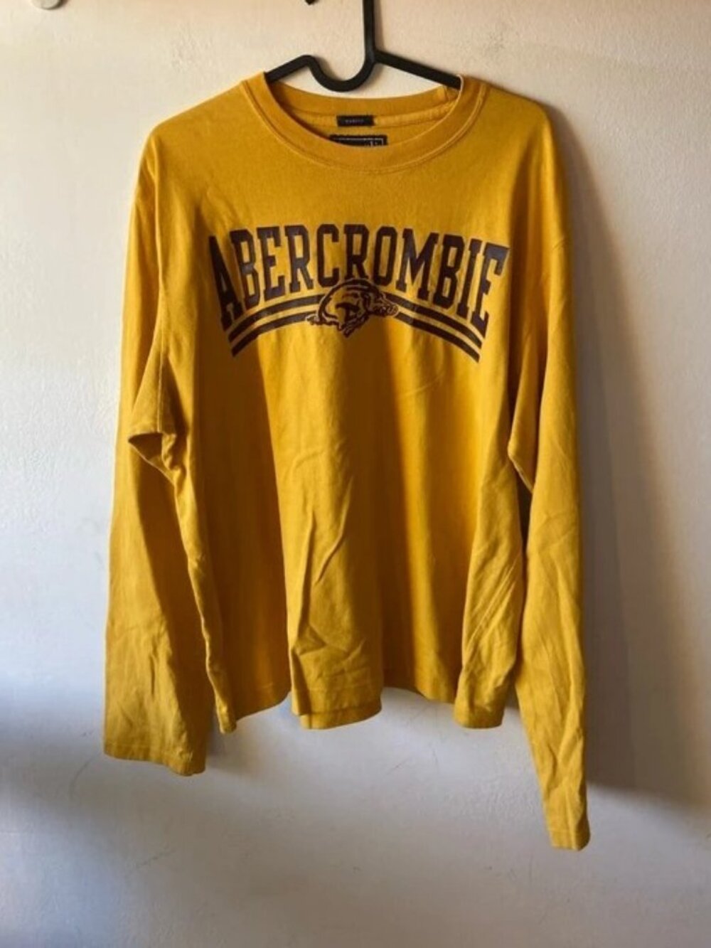 Mustard Yellow Men’s Long Sleeve Graphic T-Shirt with Collegiate Print, Size XL